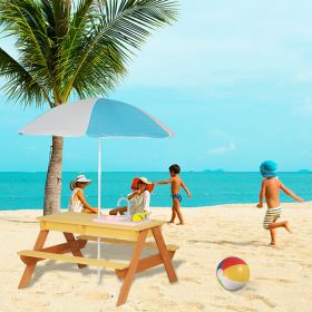 3-in-1 Sand & Water Table, Wood Outdoor Convertible Picnic Table w/Umbrella, 2 Trays, Removable Top